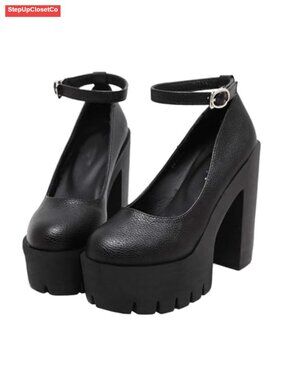 Chunky Platform Mary Jane Pumps Gothic Heels Block Heel Round Toe Ankle Strap